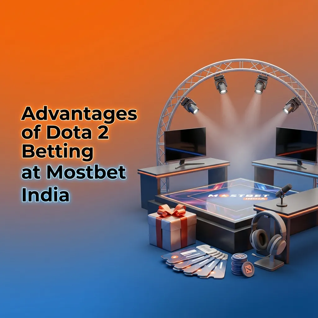 Graphic promoting Mostbet India Dota 2 betting with bonuses, Indian payment icons, mobile app, odds, and 24/7 support highlights