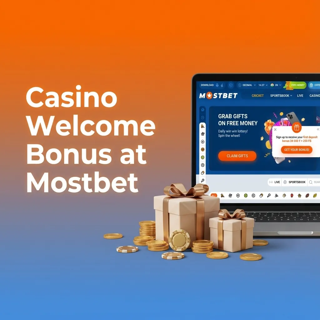 Mostbet India welcome offer showing 125% casino bonus up to ₹34,000 plus 250 free spins for new players