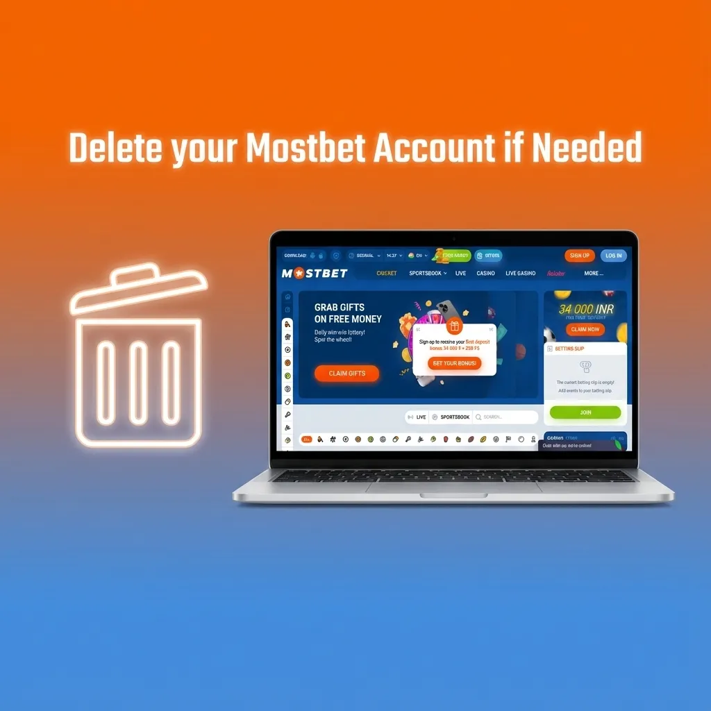 Illustration of a user deleting a Mostbet account, with checklist steps and support chat on a laptop screen