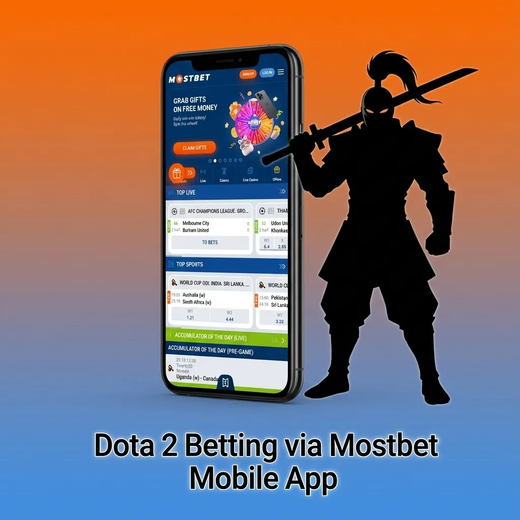 Smartphone displaying the Mostbet mobile app interface for live Dota 2 betting and odds tracking