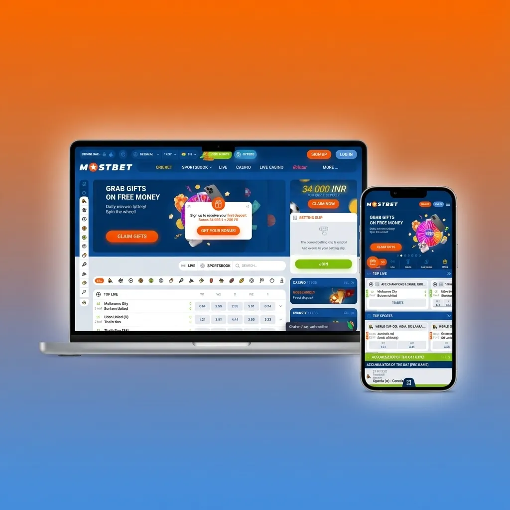 Mostbet India homepage showing top navigation with Sports, Live, eSports, Casino, bonuses, support, and login options