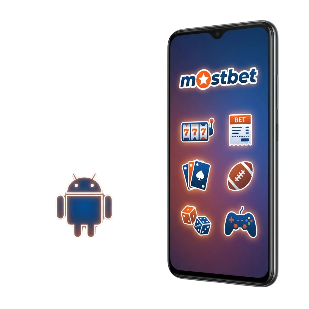 Mostbet Android app interface on a smartphone, showing sports betting and casino game options for users in India