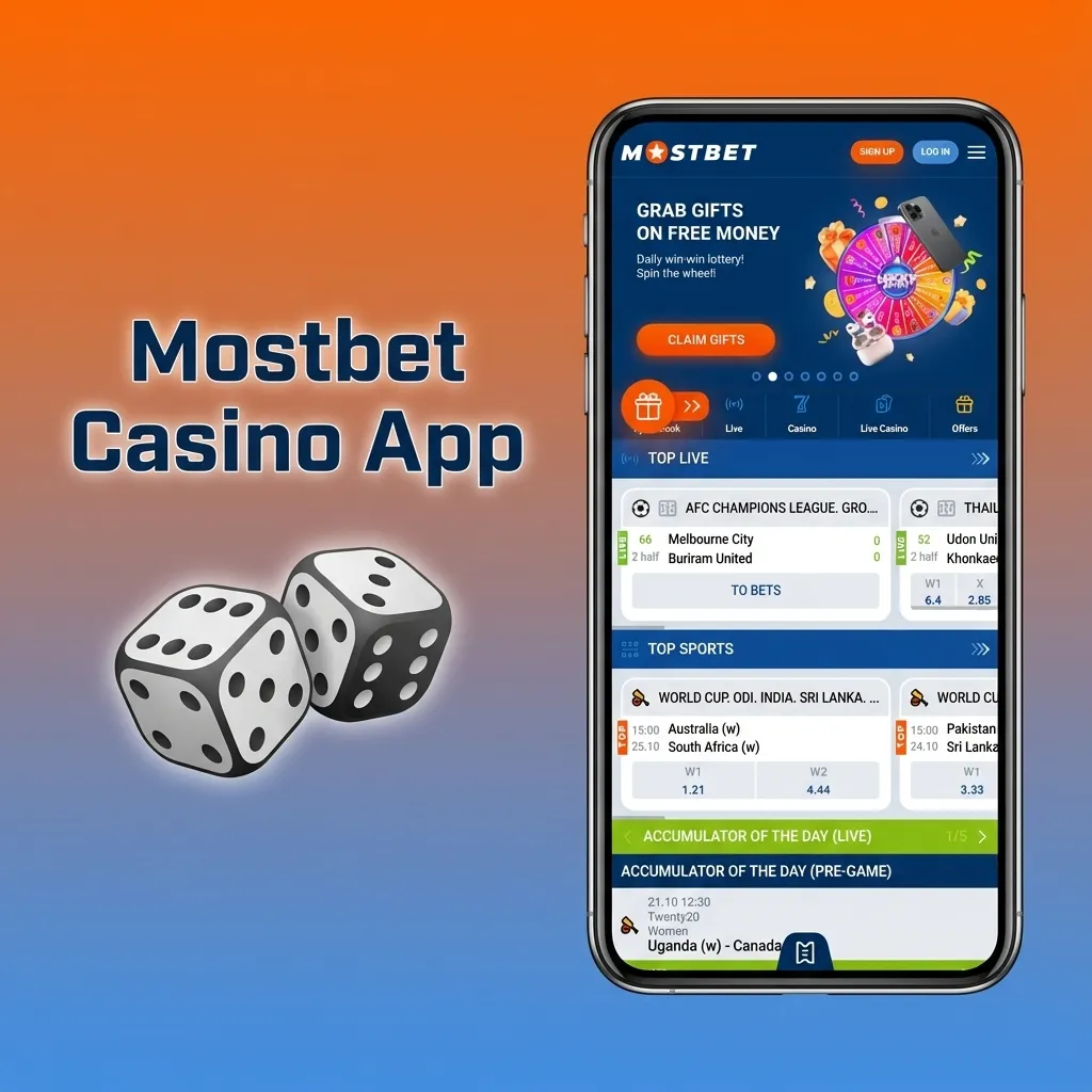 Smartphone screen showing Mostbet casino app lobby with slots, live dealer tables and promotions visible
