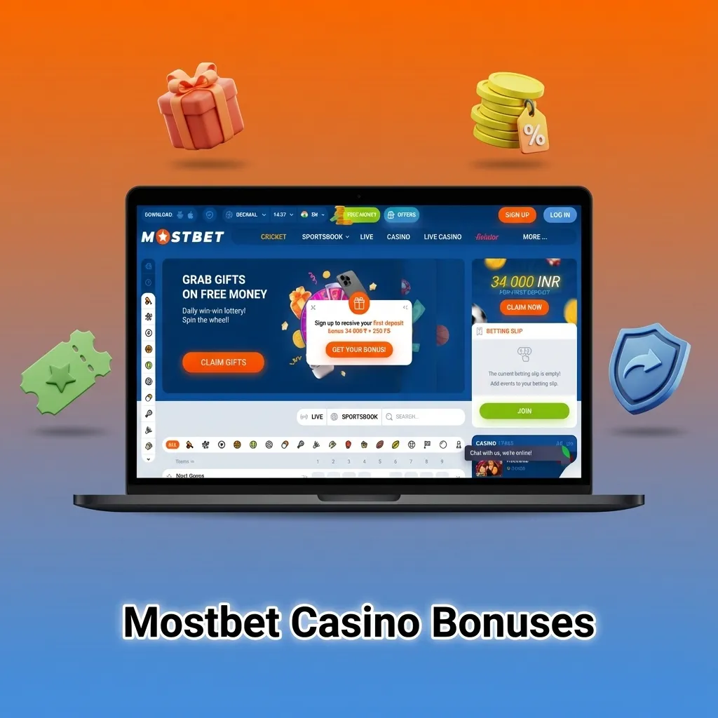 Mostbet Casino India bonus banner showing welcome offer, reload, free spins, cashback, and tournament rewards