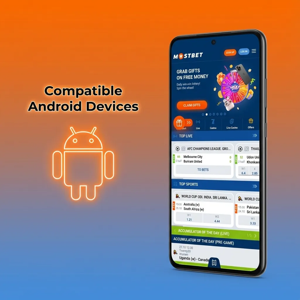 Graphic showing Mostbet Android app compatible phones list, including Xiaomi, Realme, Samsung, OnePlus, Vivo, Oppo, Poco models