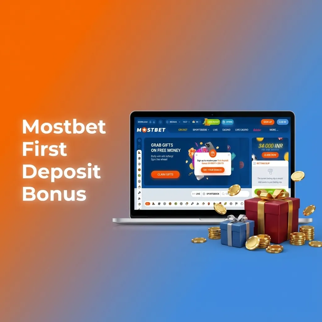 Promo banner for Mostbet 125% first deposit bonus up to 34,000 INR plus 250 free spins for casino slots