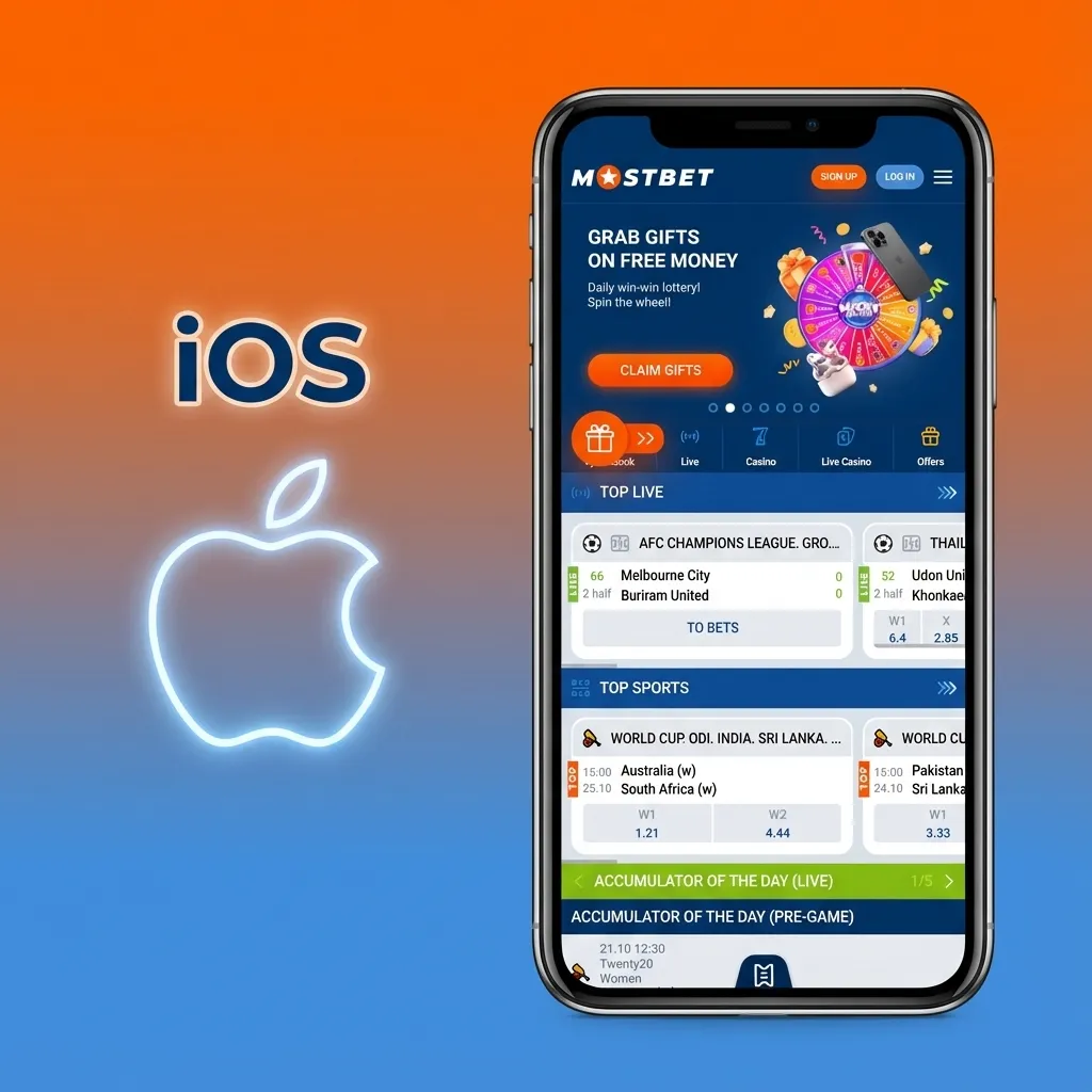 Hand holding iPhone showing sports betting app interface, with download and install steps for iOS highlighted on screen