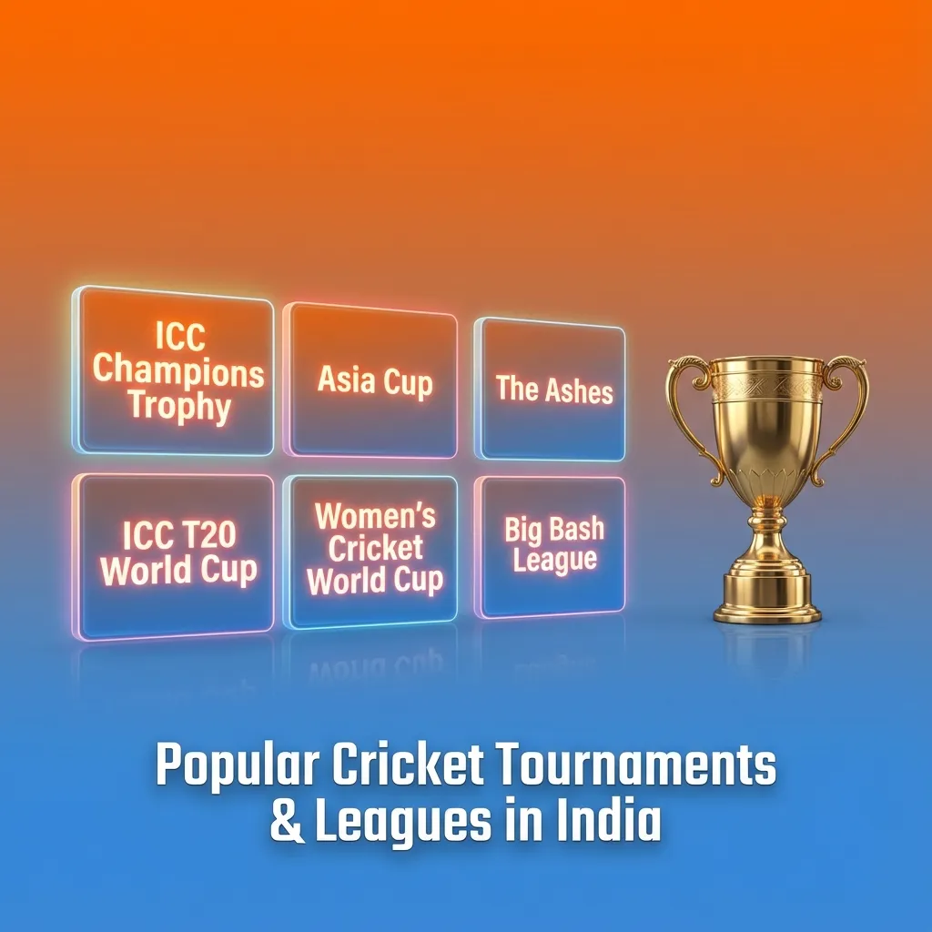 Infographic listing major cricket tournaments and T20 leagues in India with betting options highlighted
