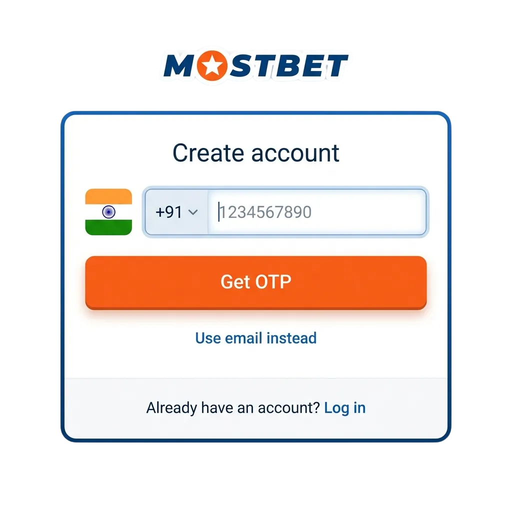 Illustration of Mostbet India signup, login and KYC verification on phone and laptop, highlighting welcome bonus and security