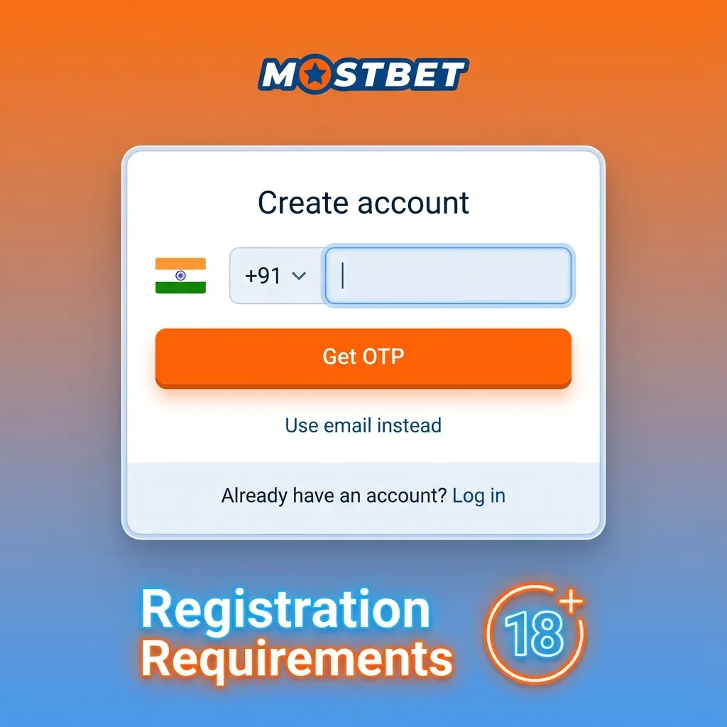 Infographic titled “Registration Requirements” outlining Mostbet age, KYC, single account, and personal payment rules in India