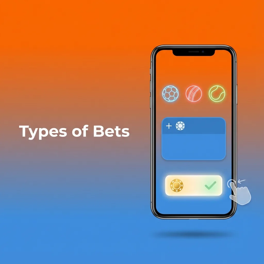 Infographic titled “Types of Bets” comparing Single, Express, and System bets, explaining risk, reward, and payout conditions