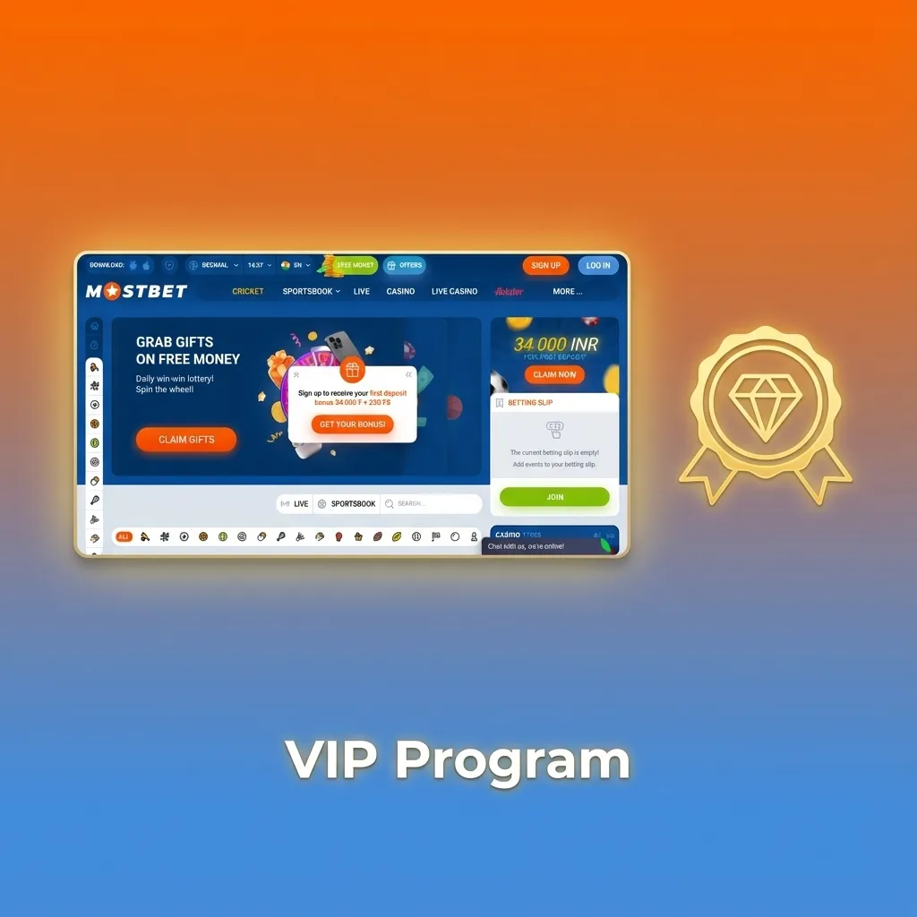 Mostbet India VIP program illustration showing tiered levels, cashback, bonuses, and exclusive rewards for loyal bettors