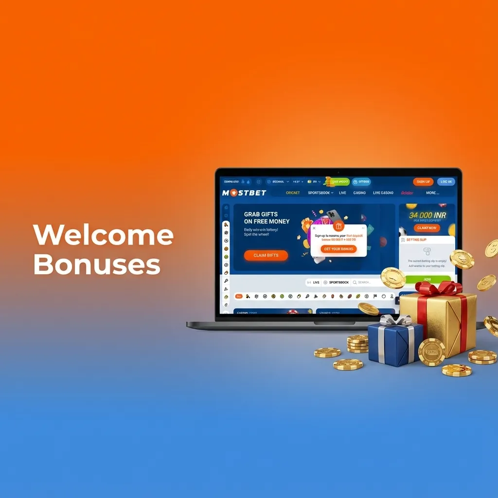 “Welcome Bonuses” banner showing 125% up to 34,000 INR + 250 free spins and key wagering terms for new Indian users