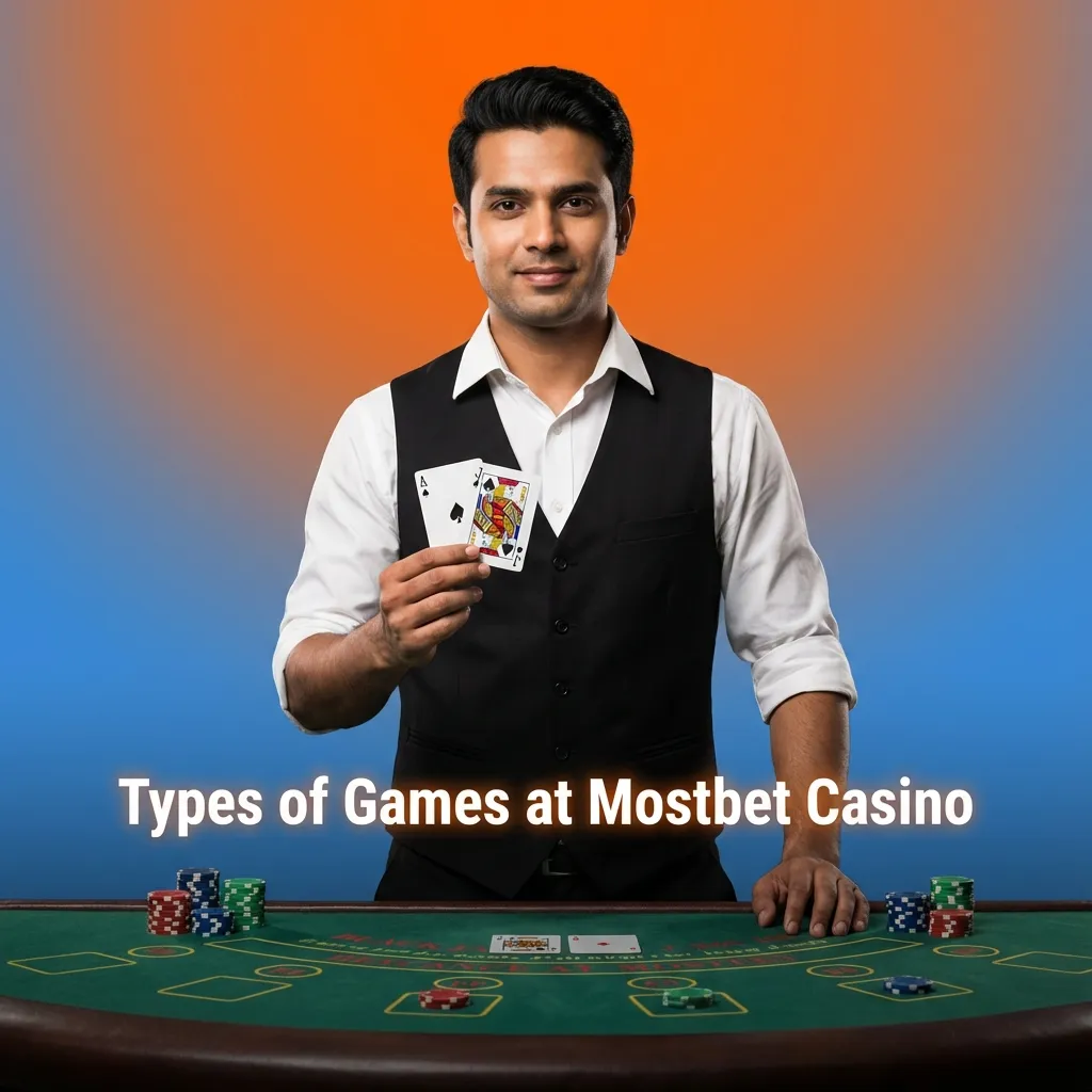 Infographic showing Mostbet Casino game types: slots, crash, table, card, jackpot, and instant win options for Indian players.