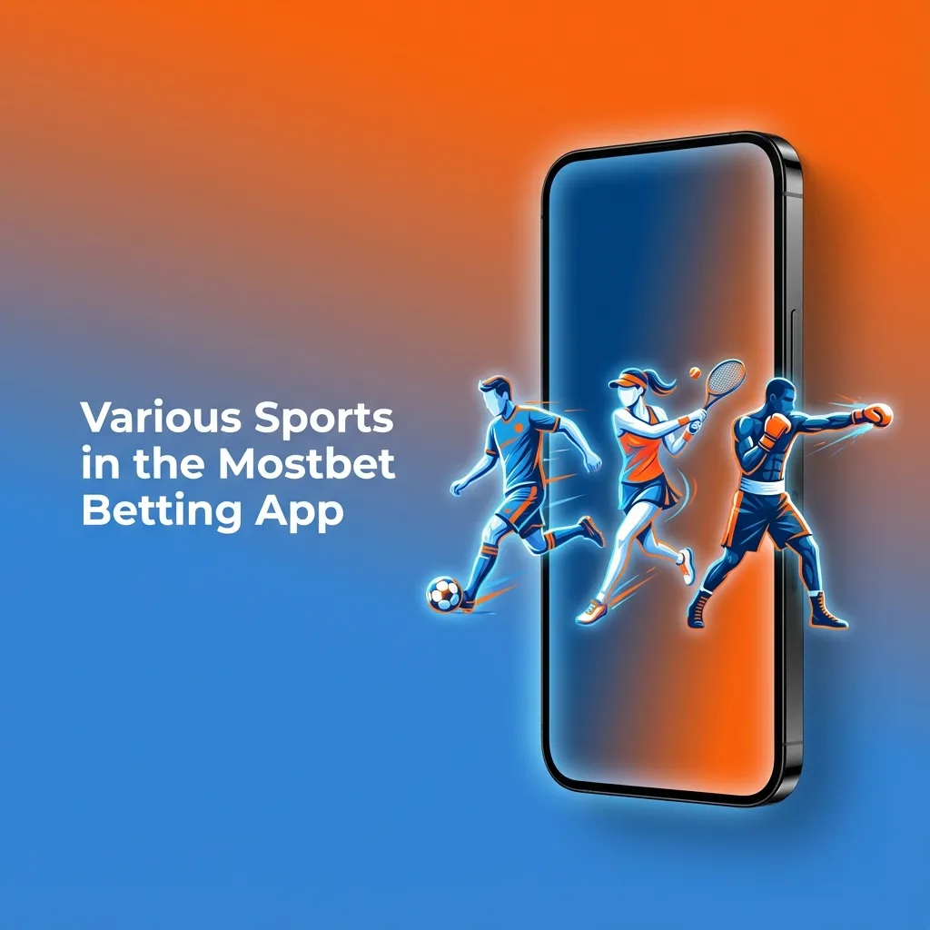 Smartphone displaying the Mostbet betting app with icons of various sports and live odds on screen