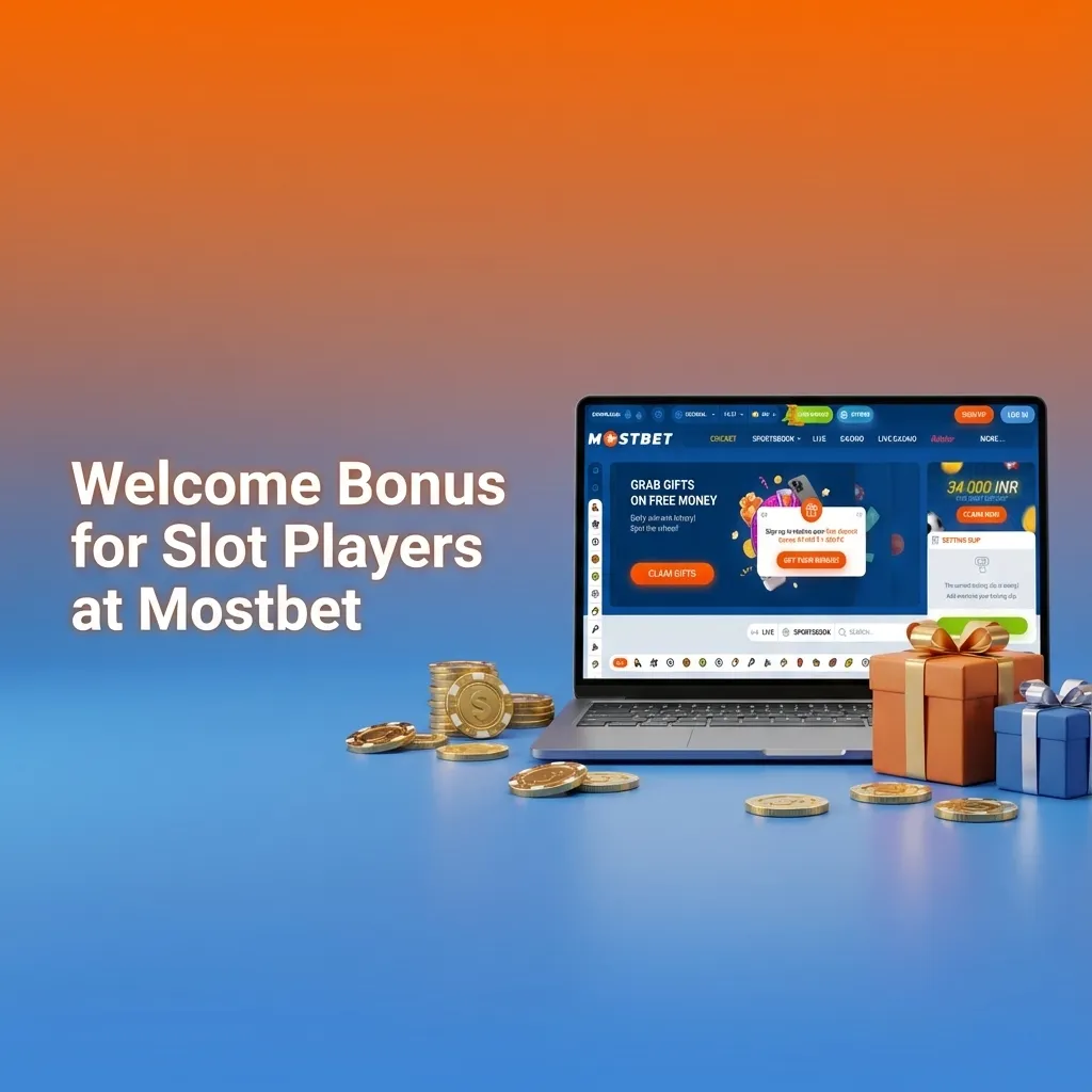 Mostbet welcome bonus banner showing 125% deposit offer up to 34,000 INR plus 250 free spins for slot players