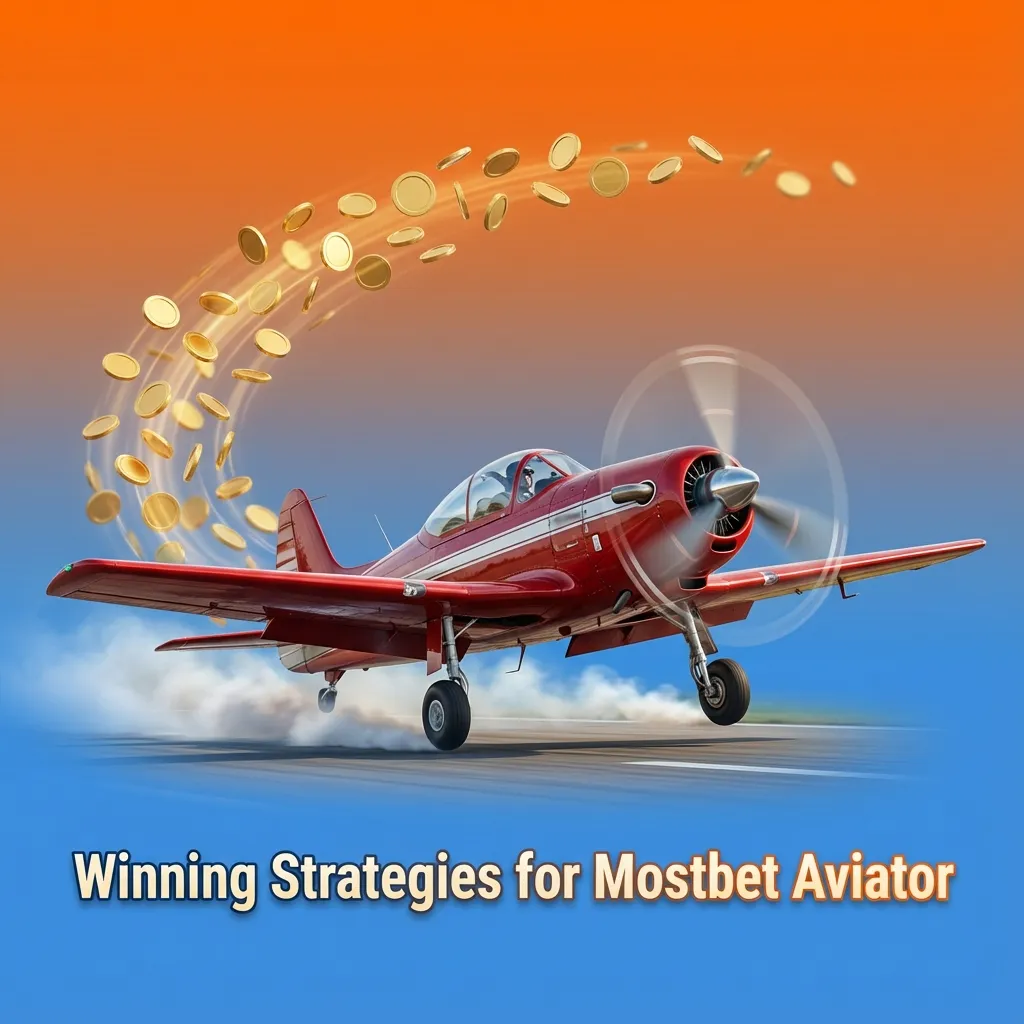 Illustration of Mostbet Aviator game interface with a rising plane and text tips on risk management and betting strategy.