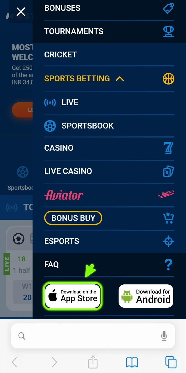 Navigate to the iOS app section for Mostbet Aviator download.