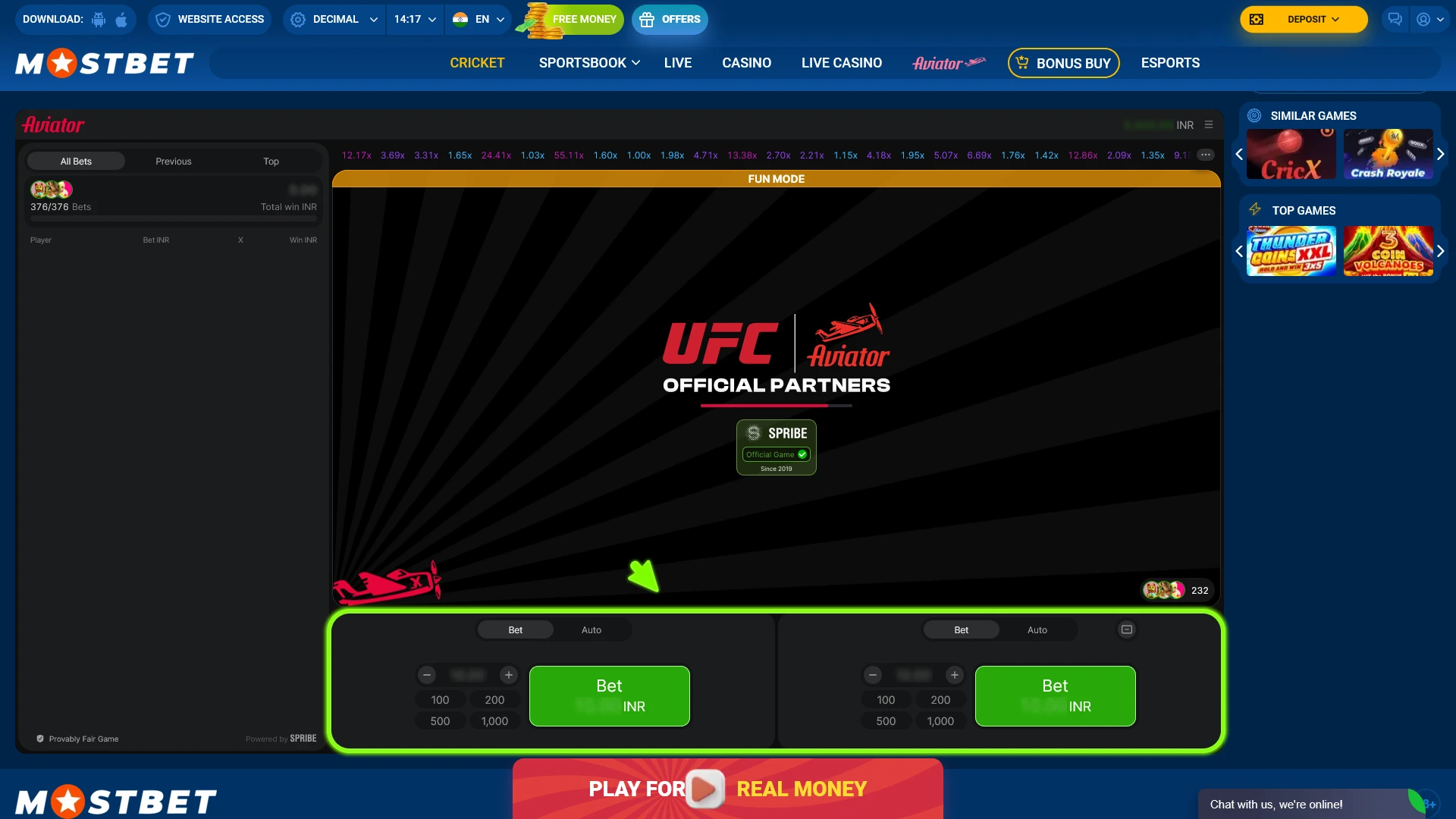 Place your first Aviator bet at Mostbet and cash out winnings.