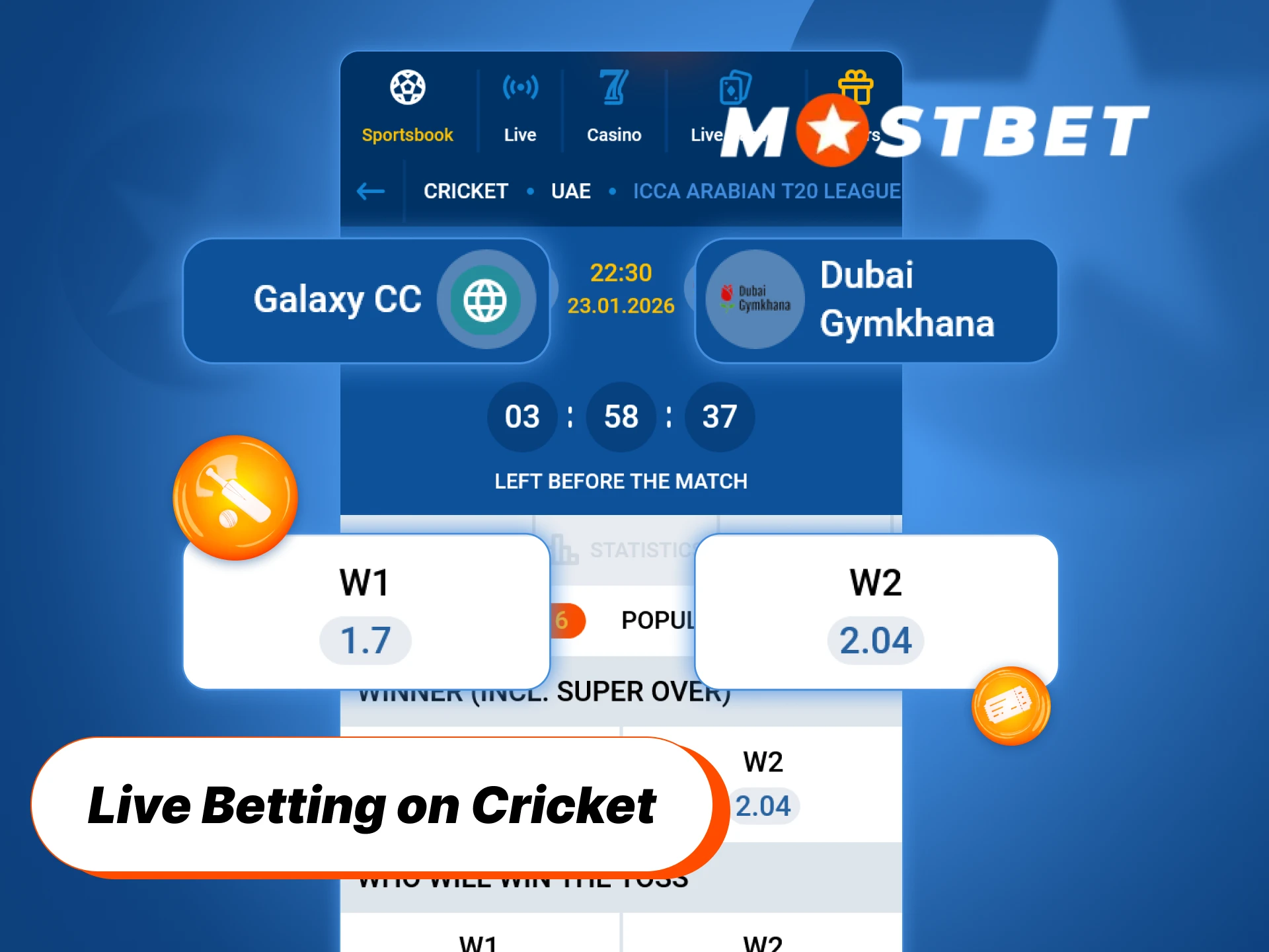 Place real-time wagers on live cricket matches through Mostbet.