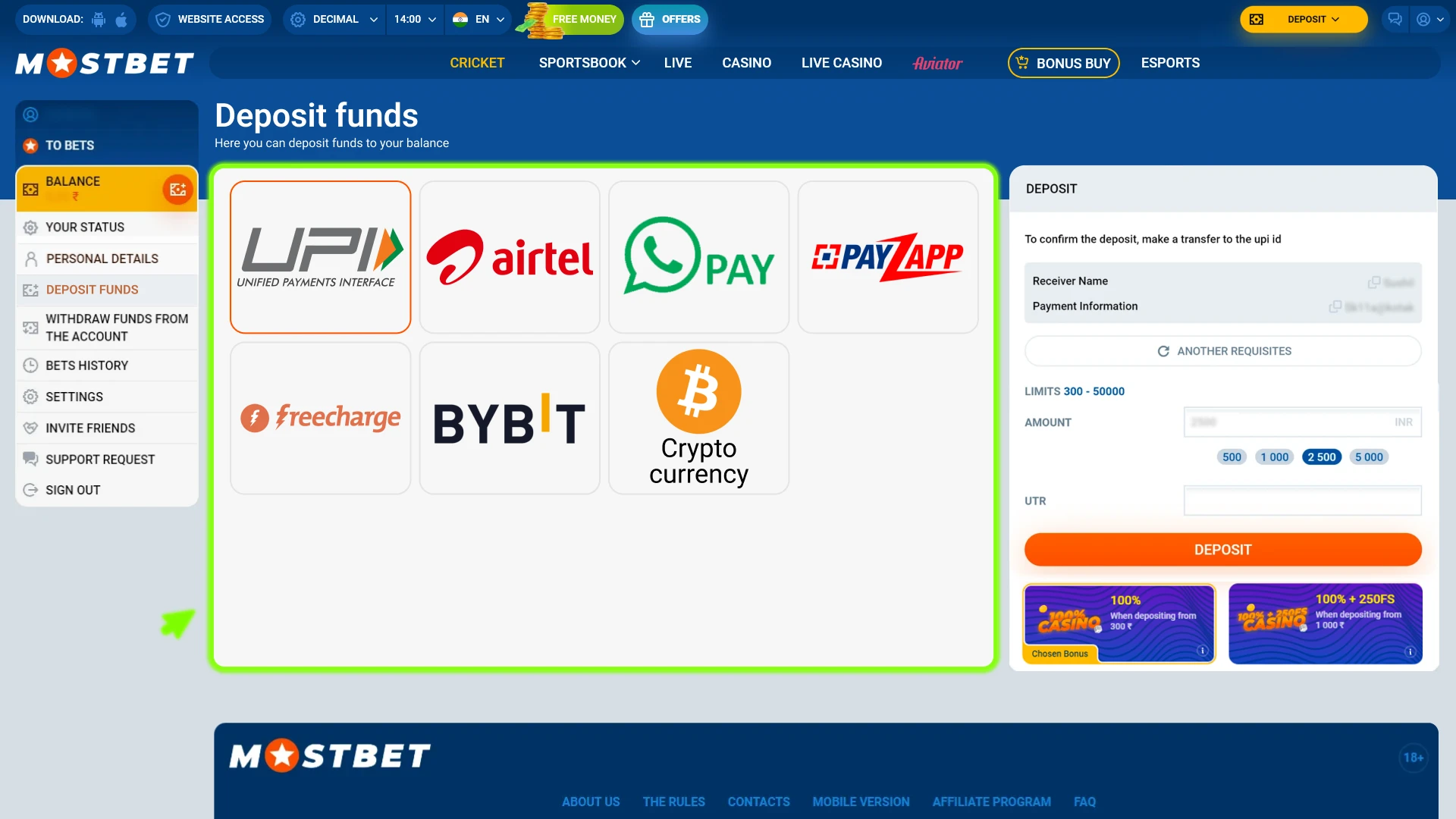 Select a preferred payment method for your Mostbet deposit.