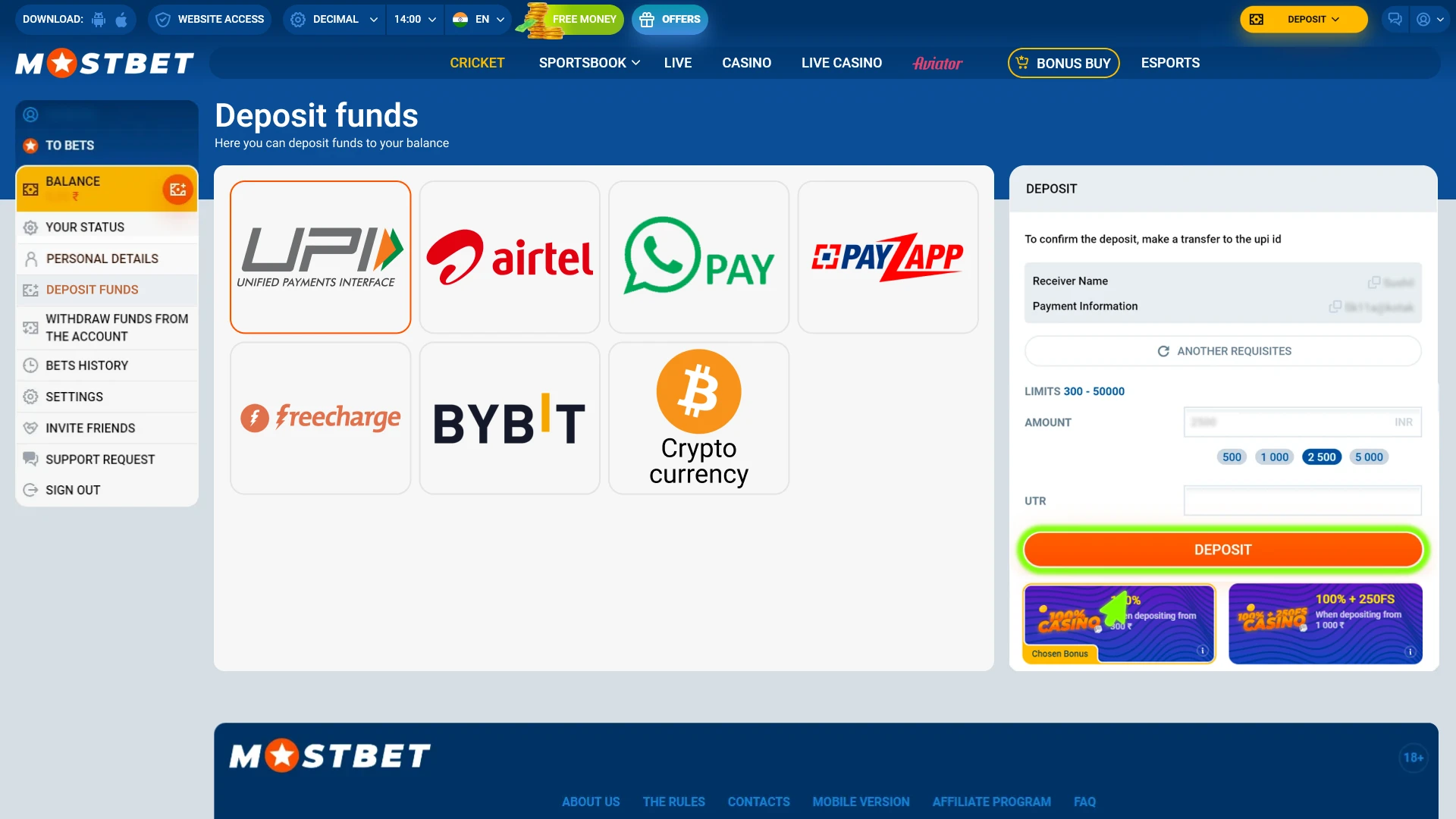 Finalize the transaction to complete your Mostbet deposit safely.