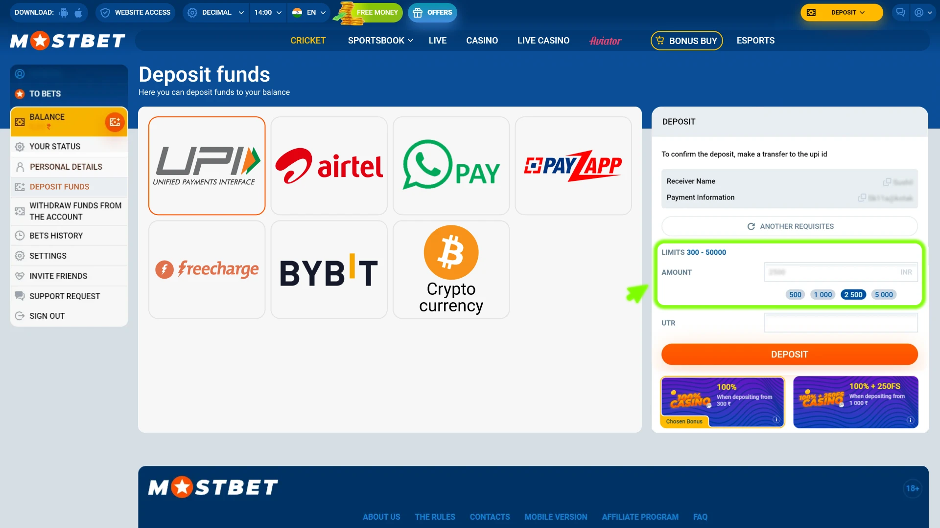 Specify the amount for your Mostbet deposit and proceed further.