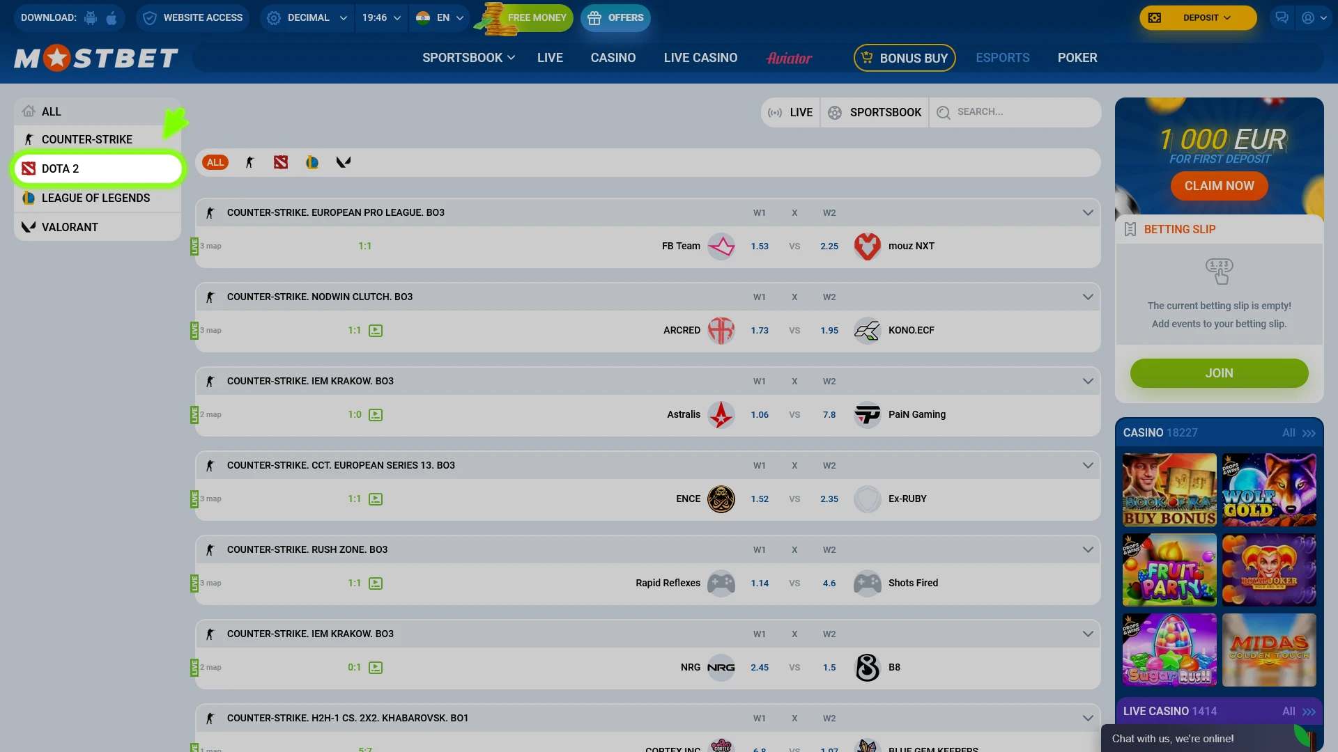 Find Dota 2 in the list and place your winning Mostbet bet.