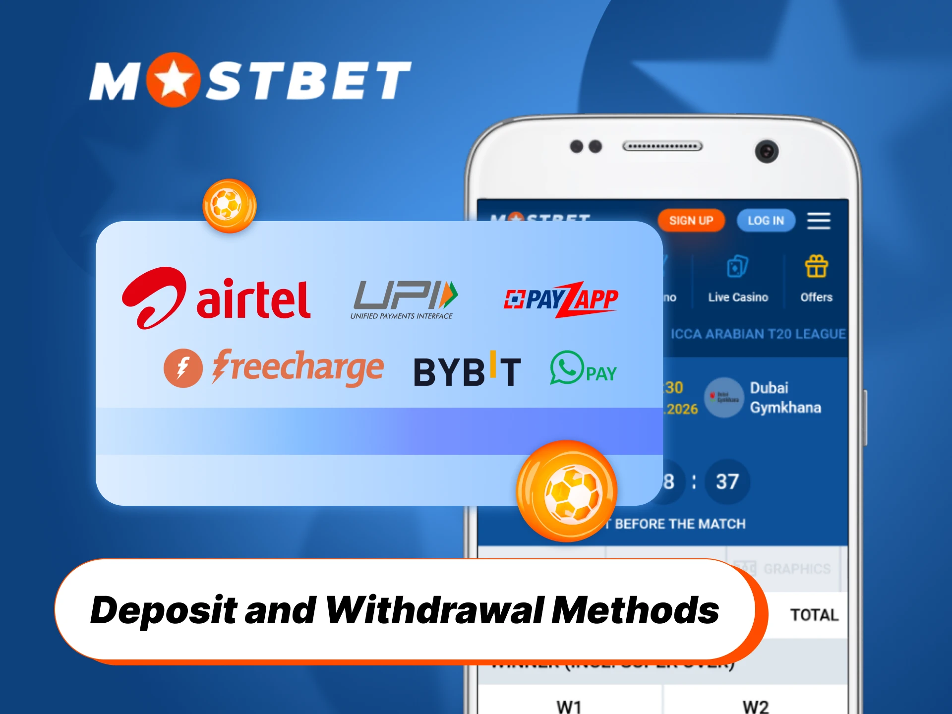 Select convenient deposit and withdrawal methods for Mostbet football betting.
