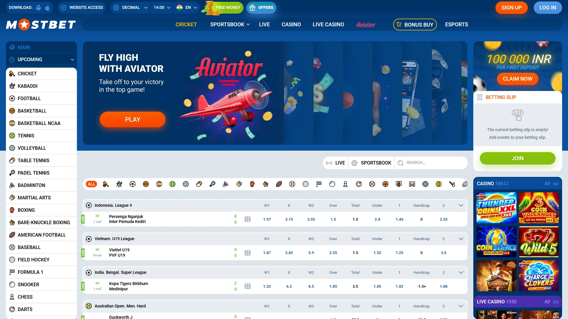 Observe the interface of the Mostbet India Official Website main page.