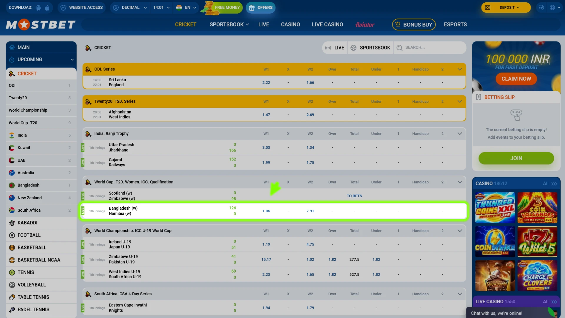 Pick a specific event and betting market at Mostbet India to bet.