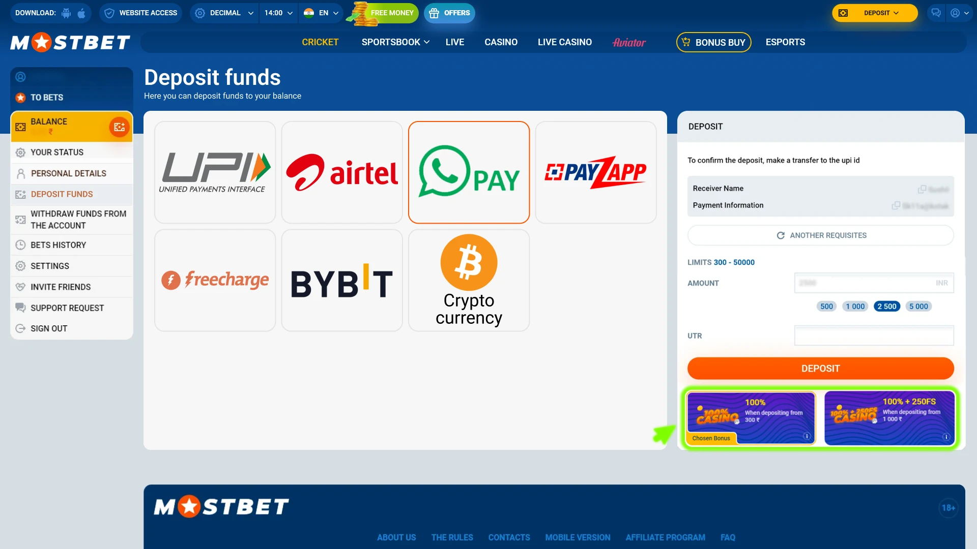 Select the preferred Mostbet bonus type for sports or casino.