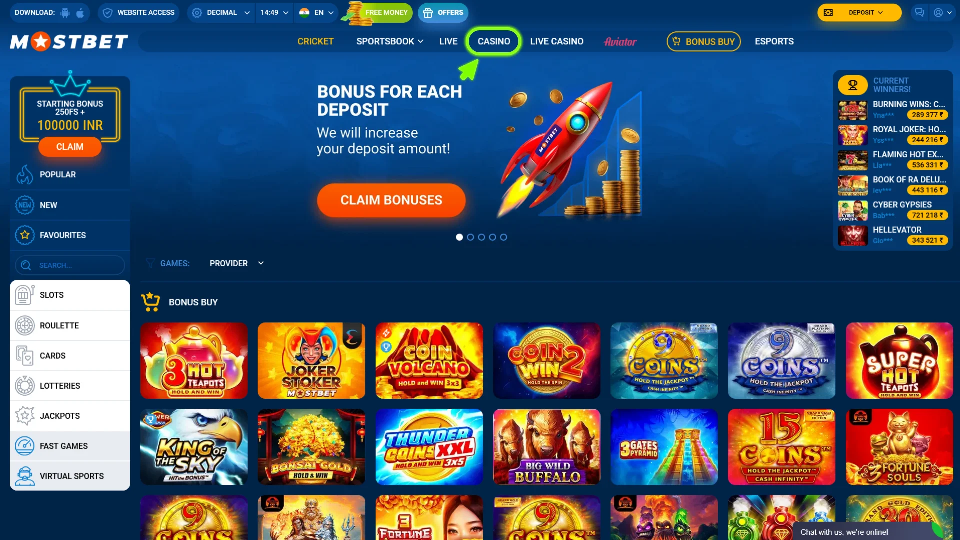 Find various slots at Mostbet casino section.