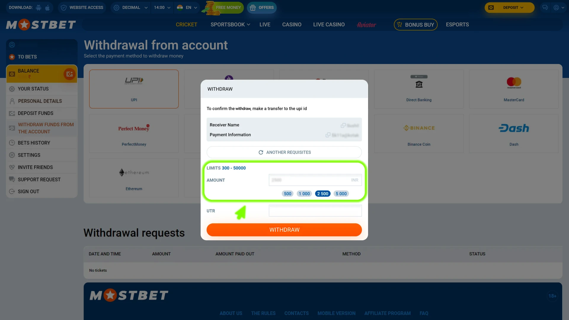 Choose withdraw and method to proceed with your Mostbet withdrawal.